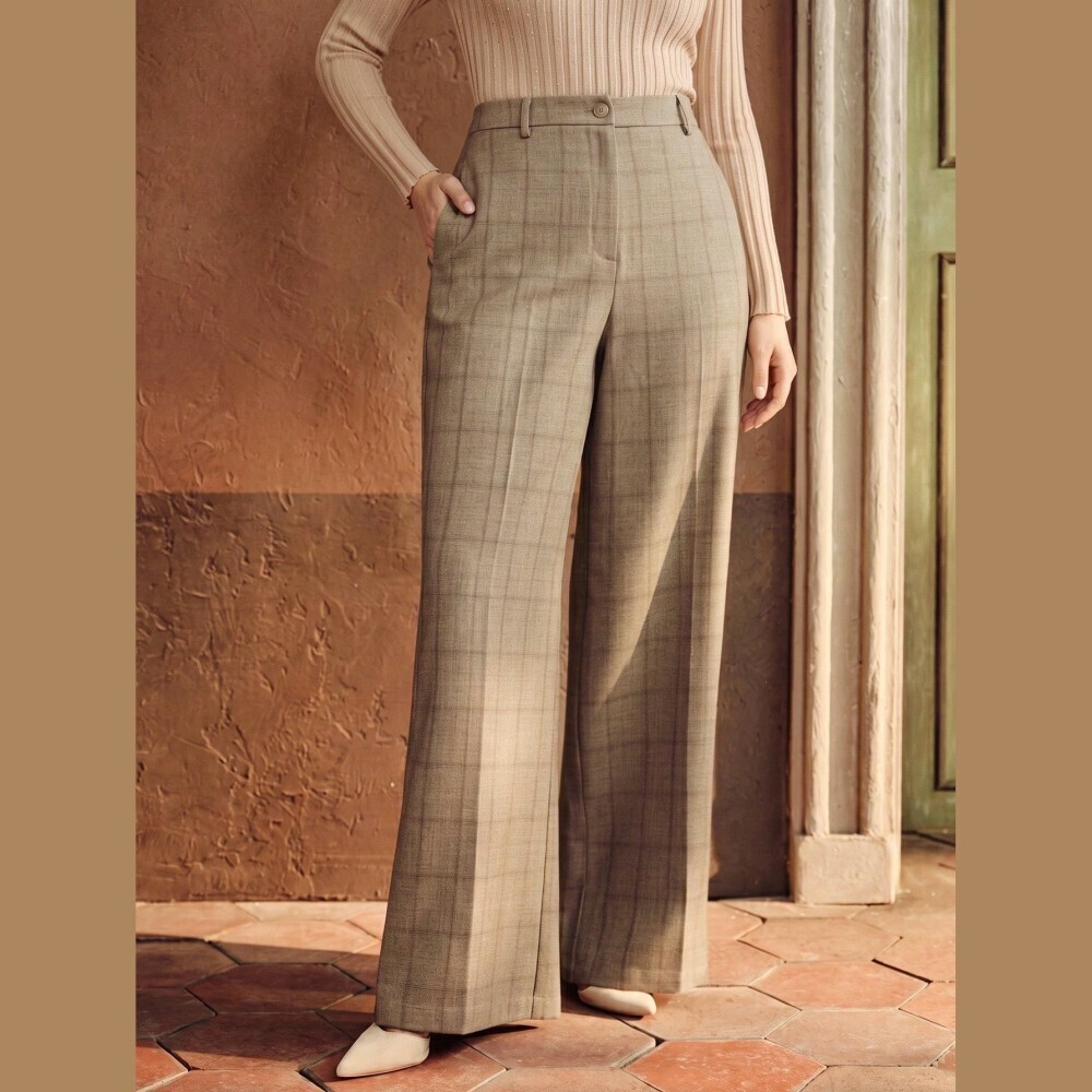 Tan Plaid Wide Leg Trouser Pants